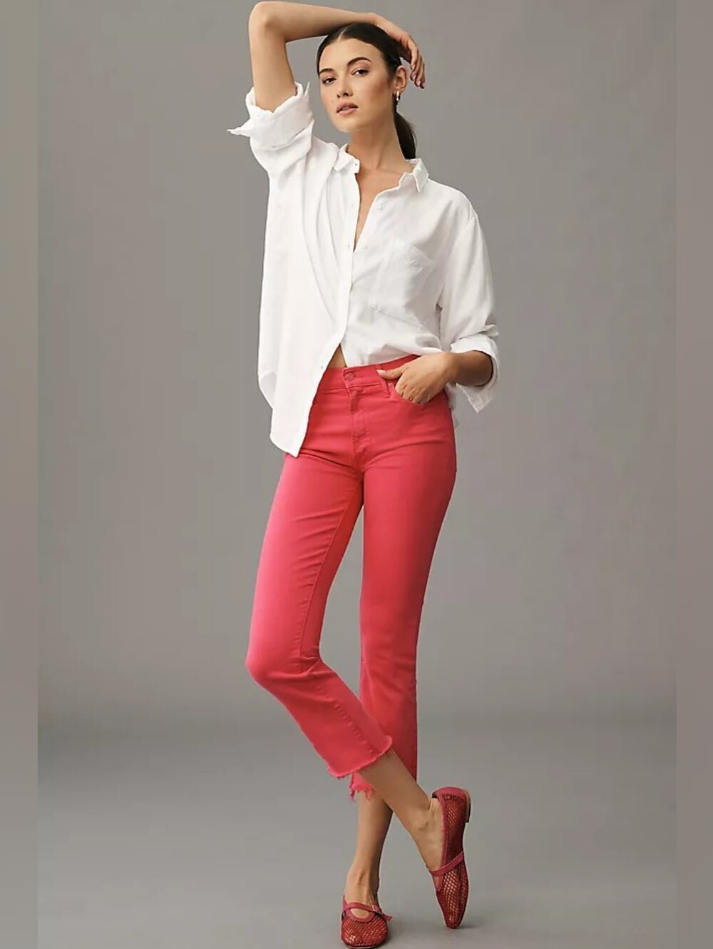 MOTHER Insider Crop Red Pink Fray-Hem Jeans